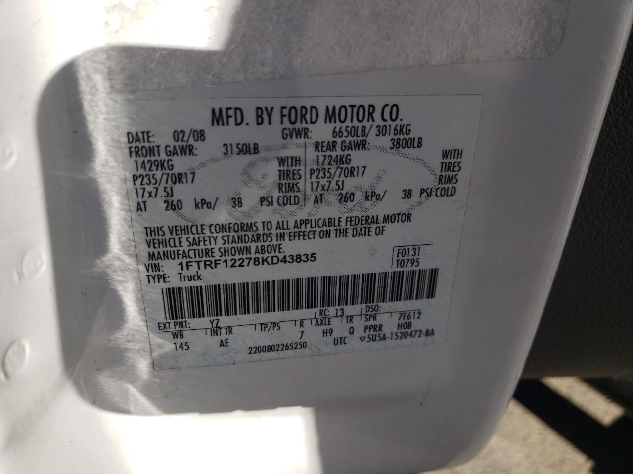 Photo 10 from auction – 2008 FORD F150 with VIN 1FTRF12278KD43835