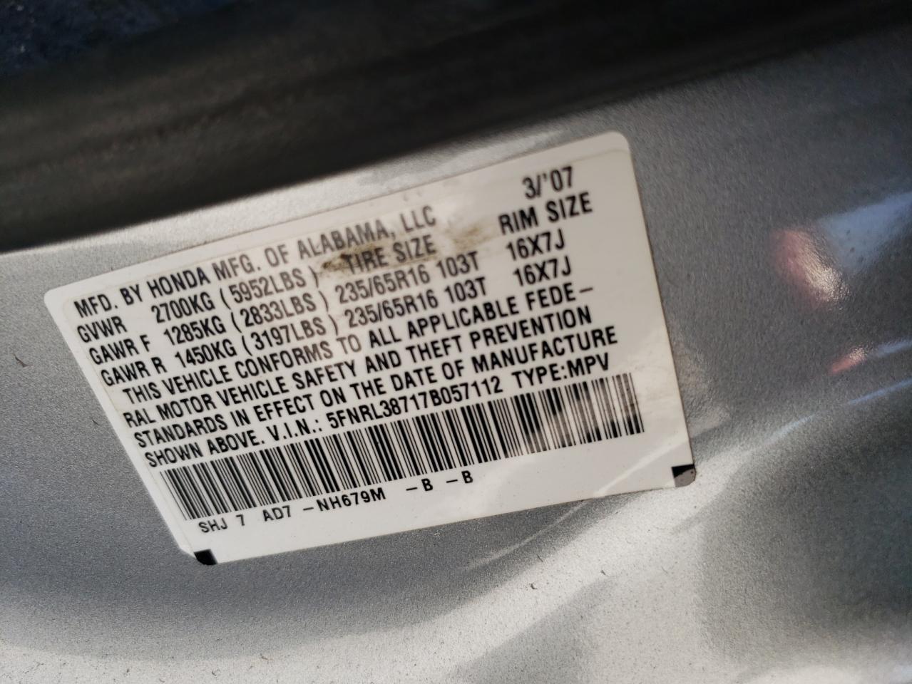 Photo 10 from auction – 2007 HONDA ODYSSEY EX with VIN 5FNRL38717B057112