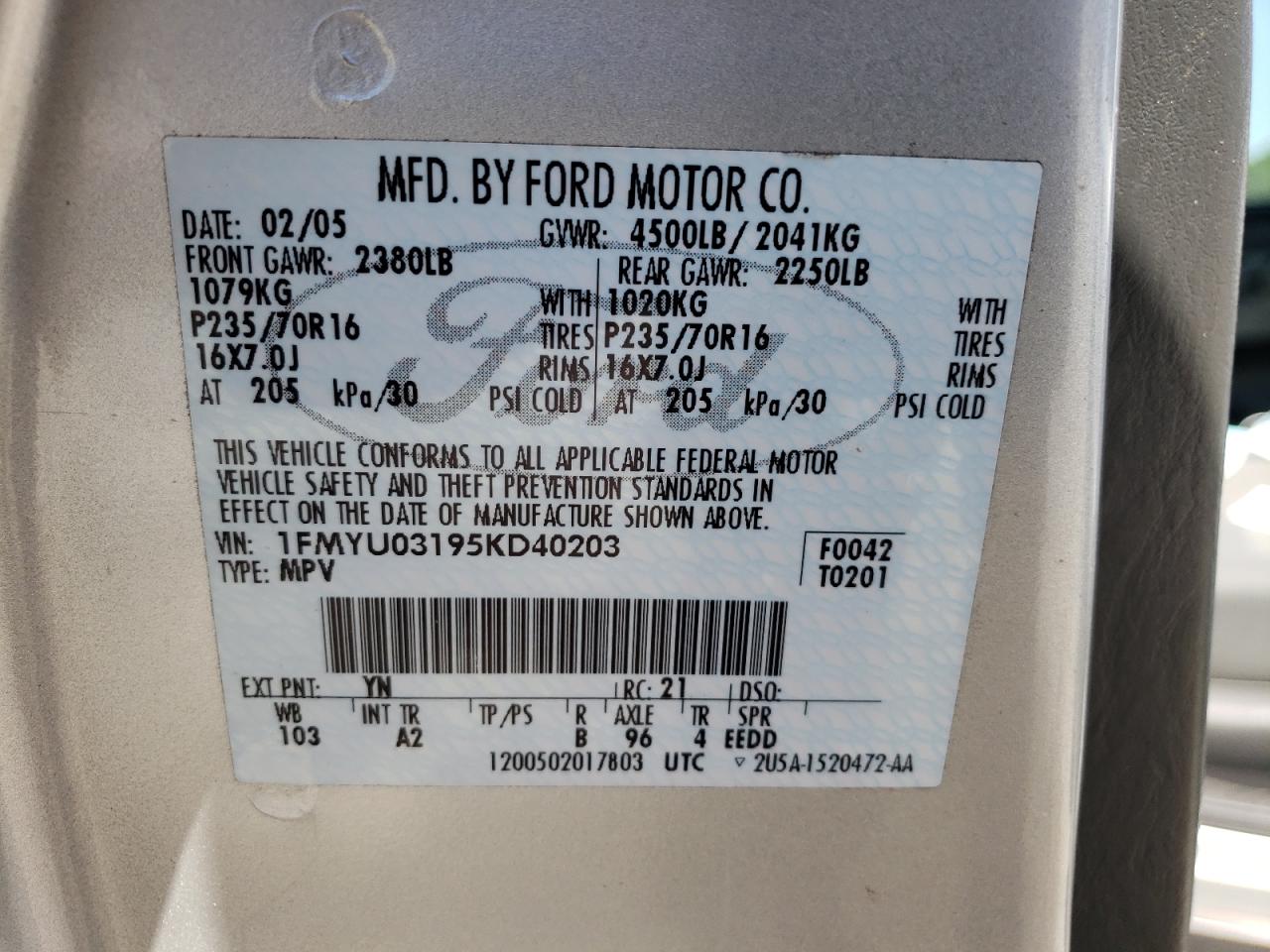 Photo 10 from auction – 2005 FORD ESCAPE XLT with VIN 1FMYU03195KD40203