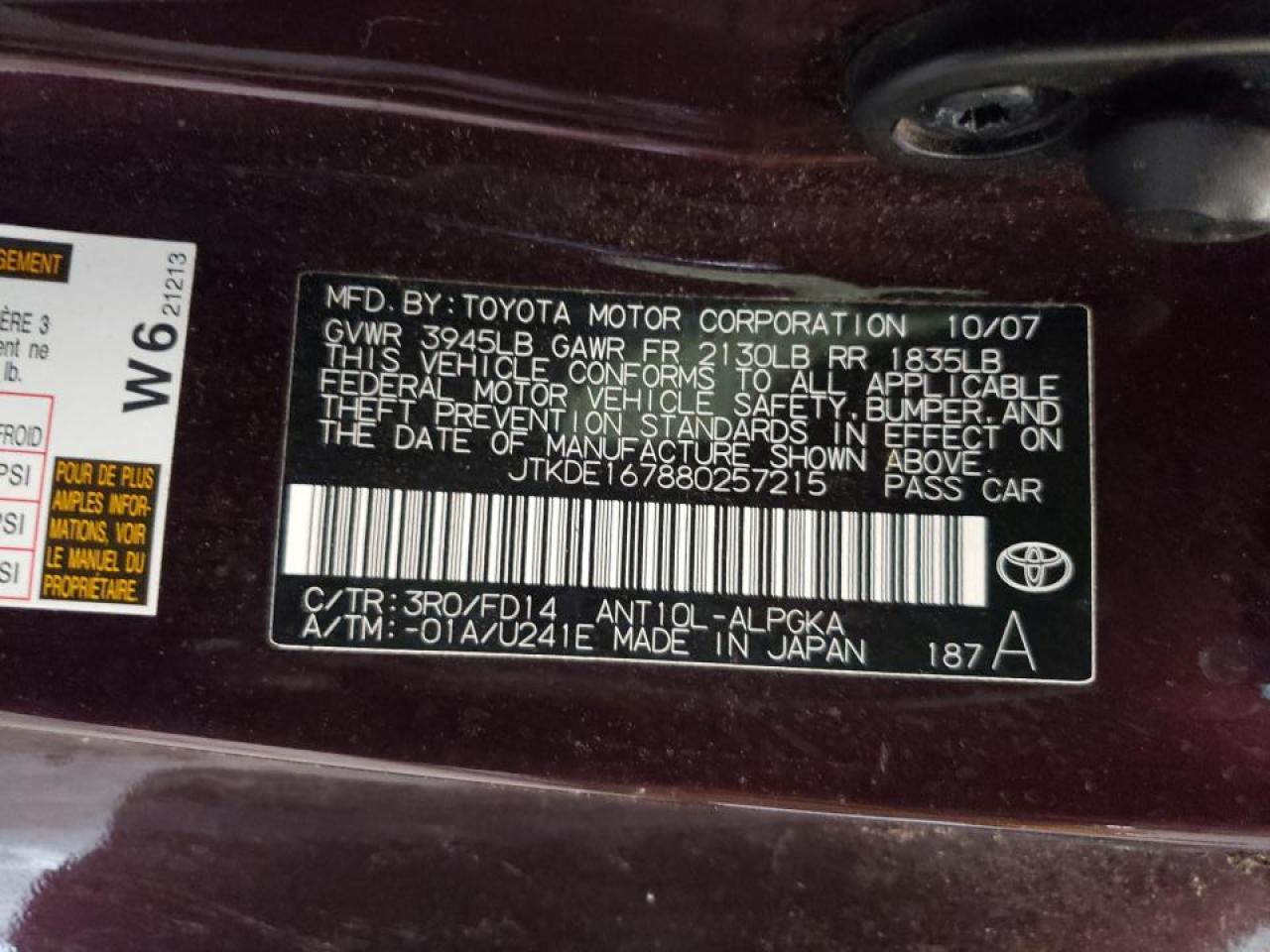 Photo 10 from auction – 2008 TOYOTA SCION TC with VIN JTKDE167880257215
