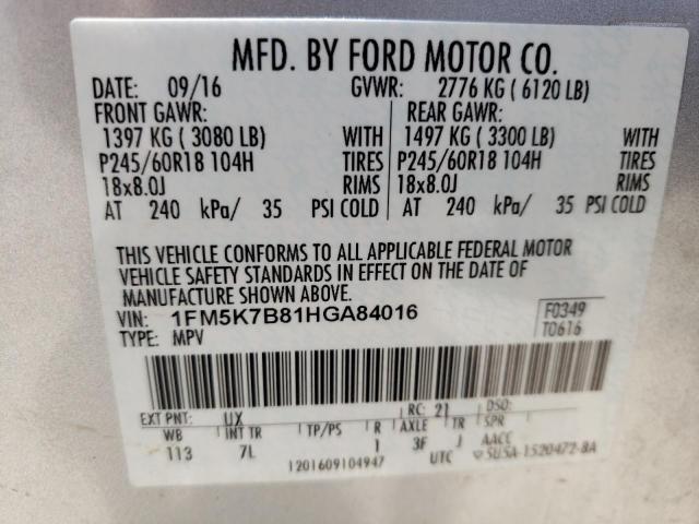 Photo 10 from auction – 2017 FORD EXPLORER with VIN 1FM5K7B81HGA84016