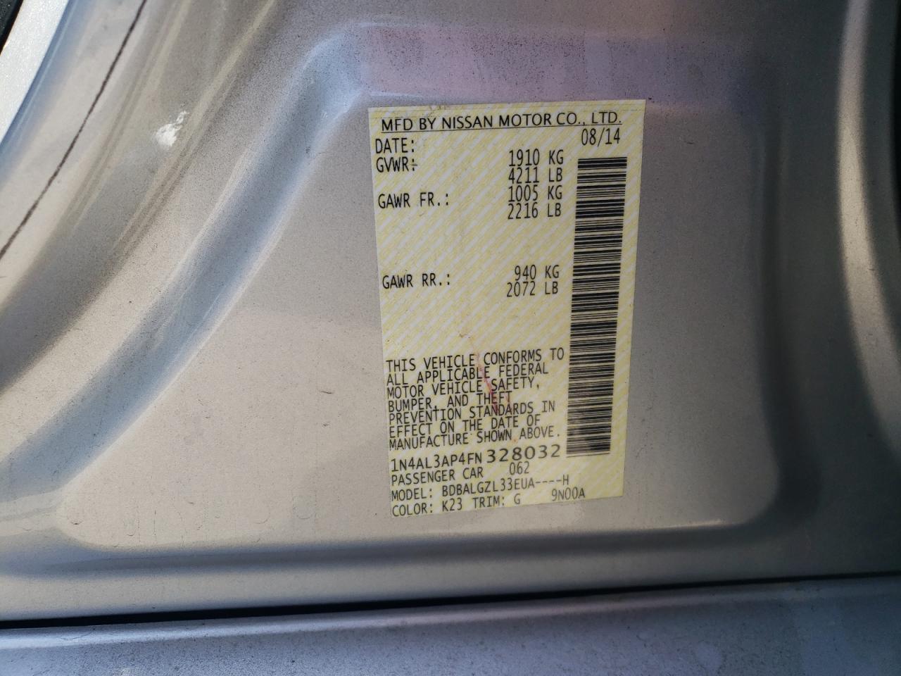 Photo 10 from auction – 2015 NISSAN ALTIMA 2.5 with VIN 1N4AL3AP4FN328032