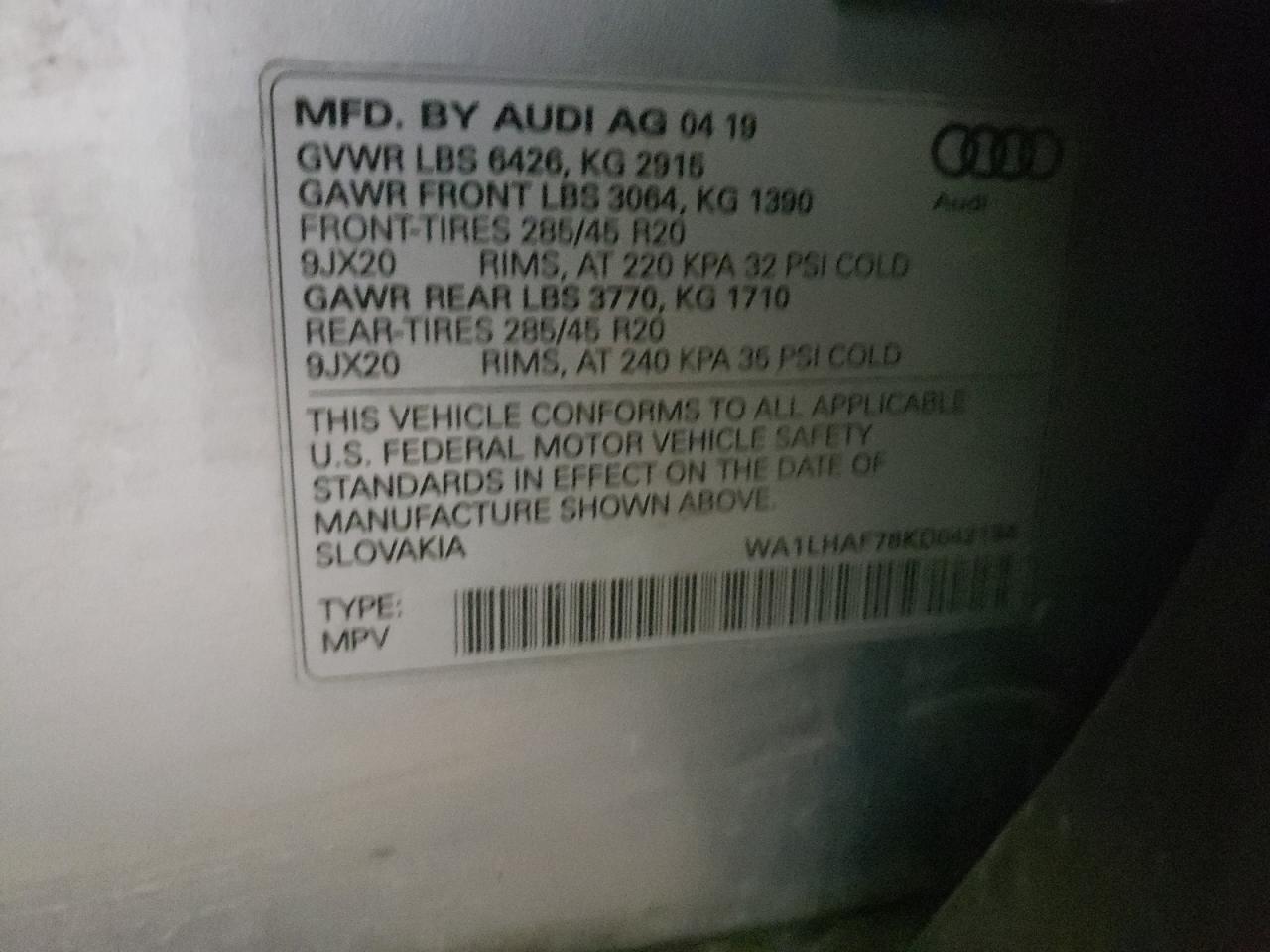 Photo 10 from auction – 2019 AUDI Q7 PREMIUM with VIN WA1LHAF78KD042194