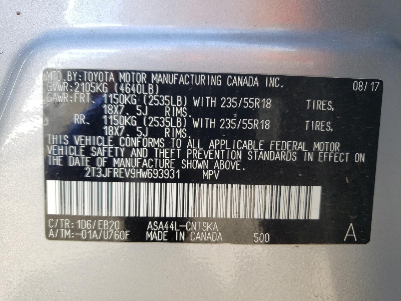 Photo 10 from auction – 2017 TOYOTA RAV4 SE with VIN 2T3JFREV9HW693931