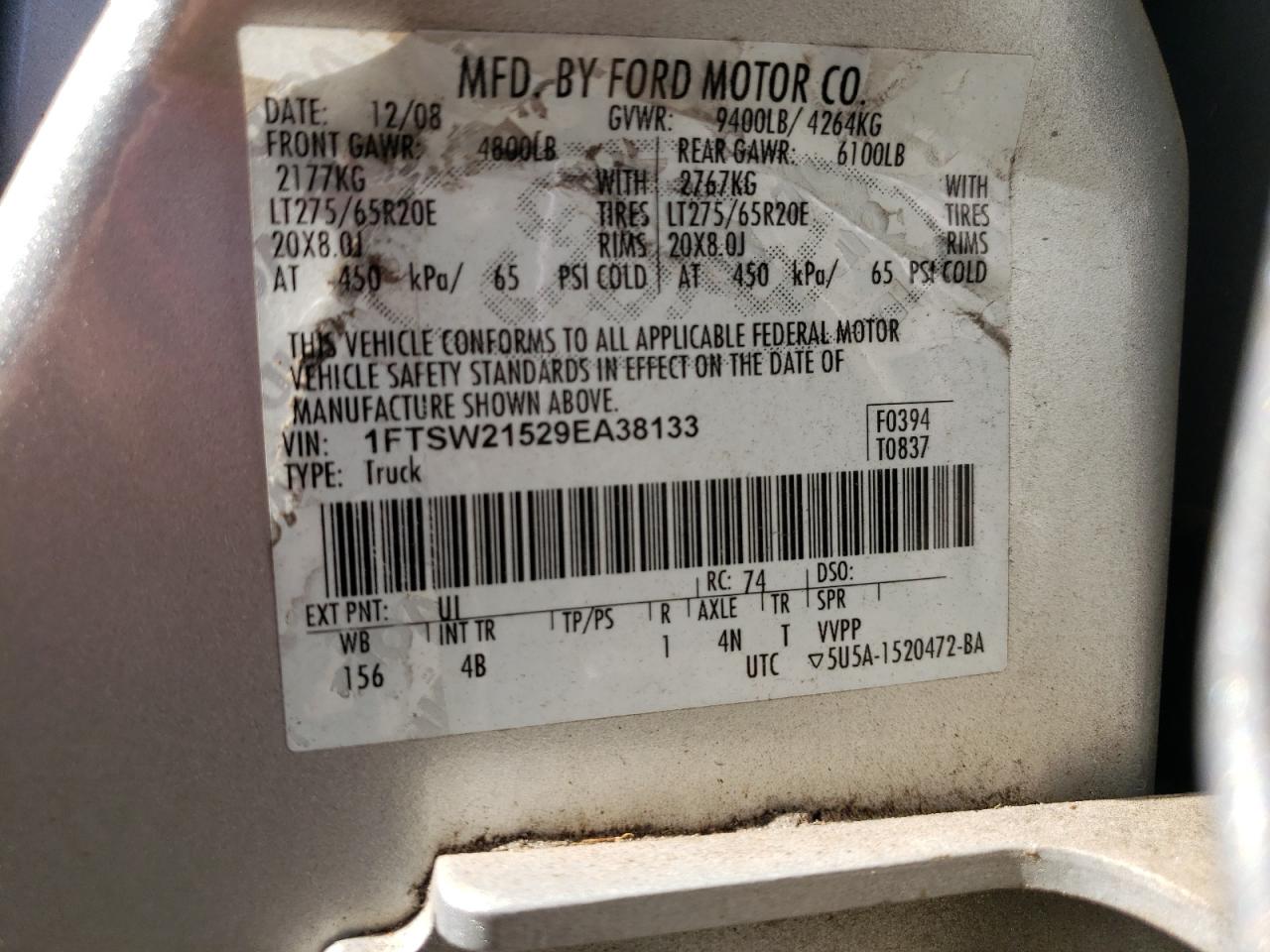 Photo 10 from auction – 2009 FORD F250 SUPER with VIN 1FTSW21529EA38133