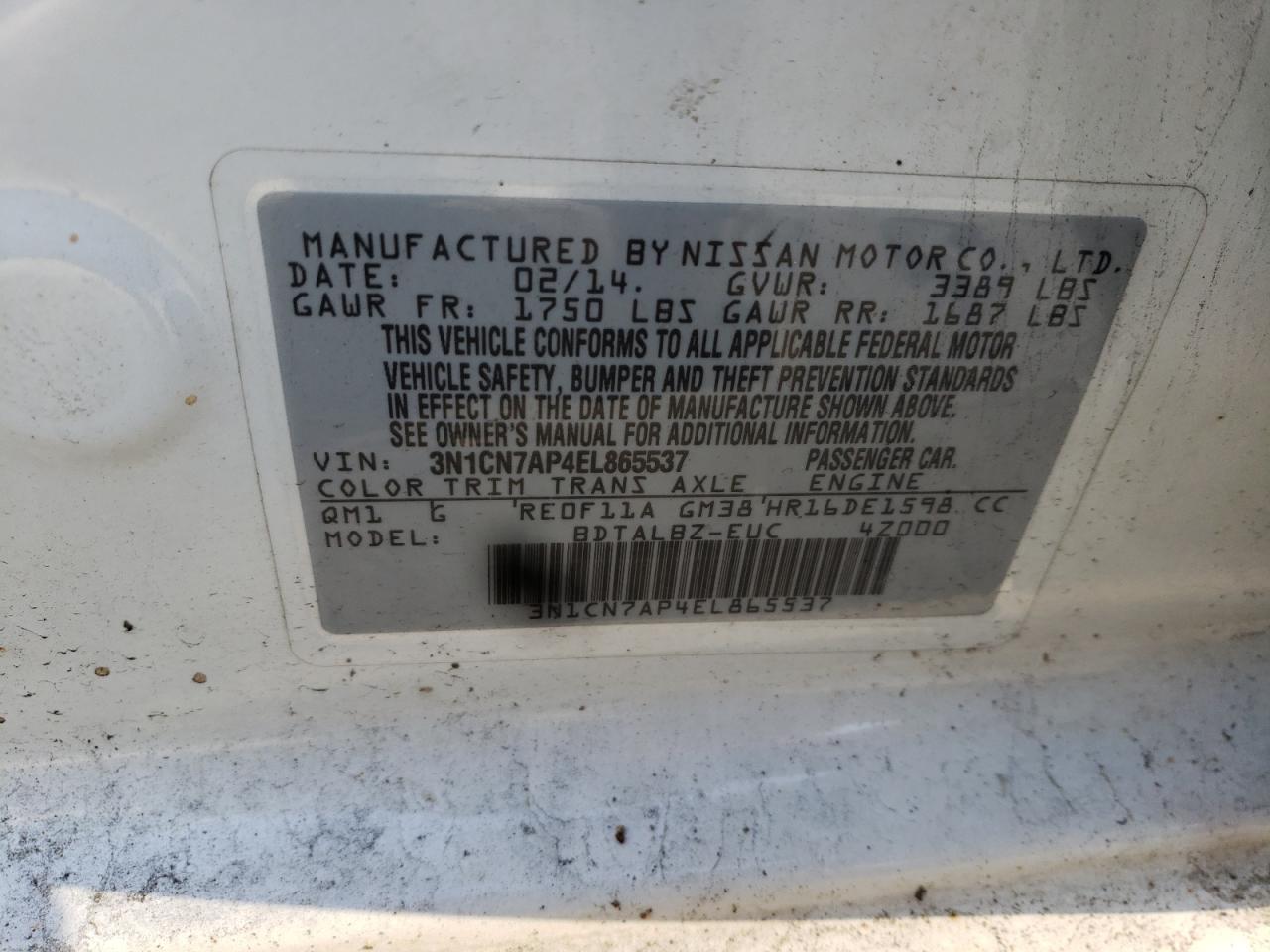Photo 10 from auction – 2014 NISSAN VERSA SV with VIN 3N1CN7AP4EL865537