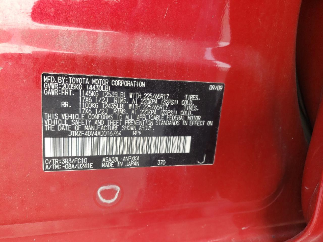 Photo 10 from auction – 2010 TOYOTA RAV4 with VIN JTMZF4DV4AD016764
