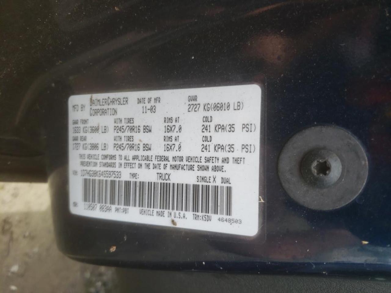 Photo 10 from auction – 2004 DODGE DAKOTA QUA with VIN 1D7HG38K64S597533