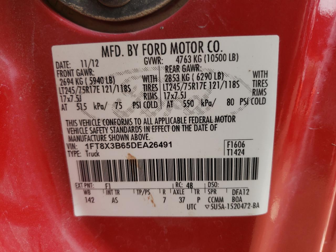 Photo 10 from auction – 2013 FORD F350 SUPER with VIN 1FT8X3B65DEA26491