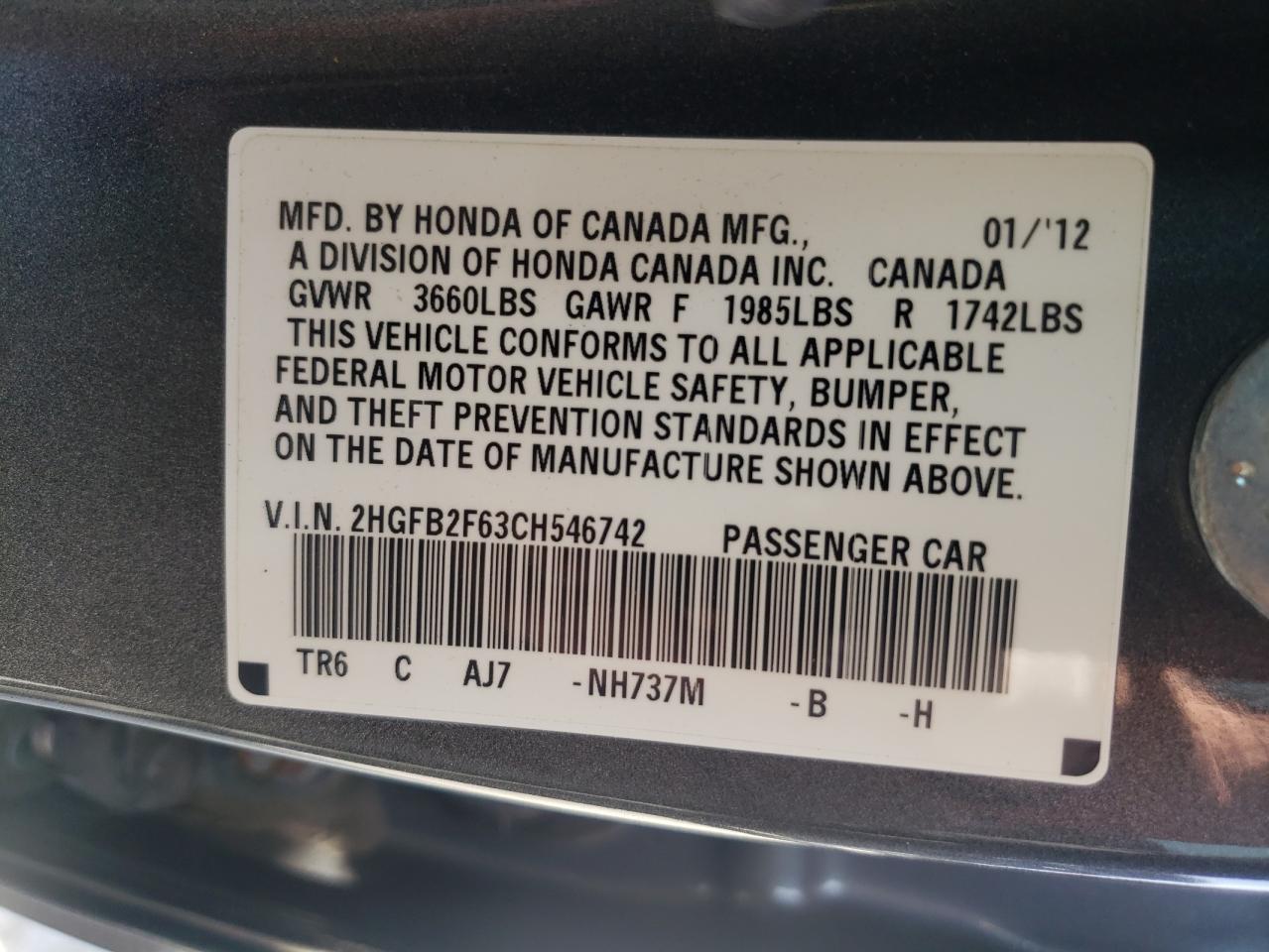 Photo 10 from auction – 2012 HONDA CIVIC HF with VIN 2HGFB2F63CH546742