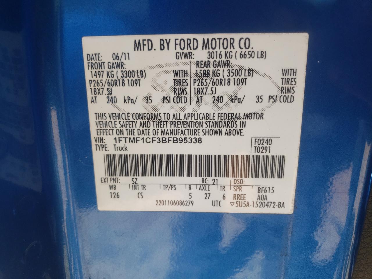 Photo 10 from auction – 2011 FORD F150 with VIN 1FTMF1CF3BFB95338