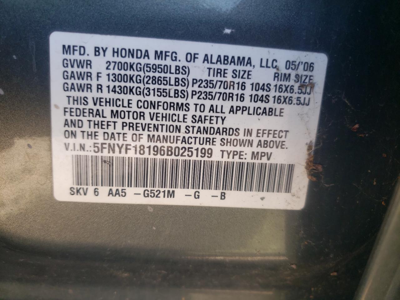 Photo 10 from auction – 2006 HONDA PILOT LX with VIN 5FNYF18196B025199