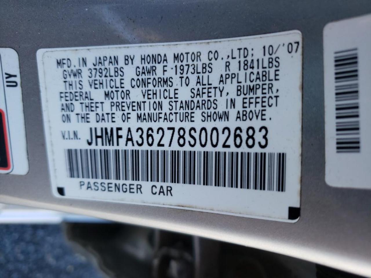 Photo 10 from auction – 2008 HONDA CIVIC HYBR with VIN JHMFA36278S002683