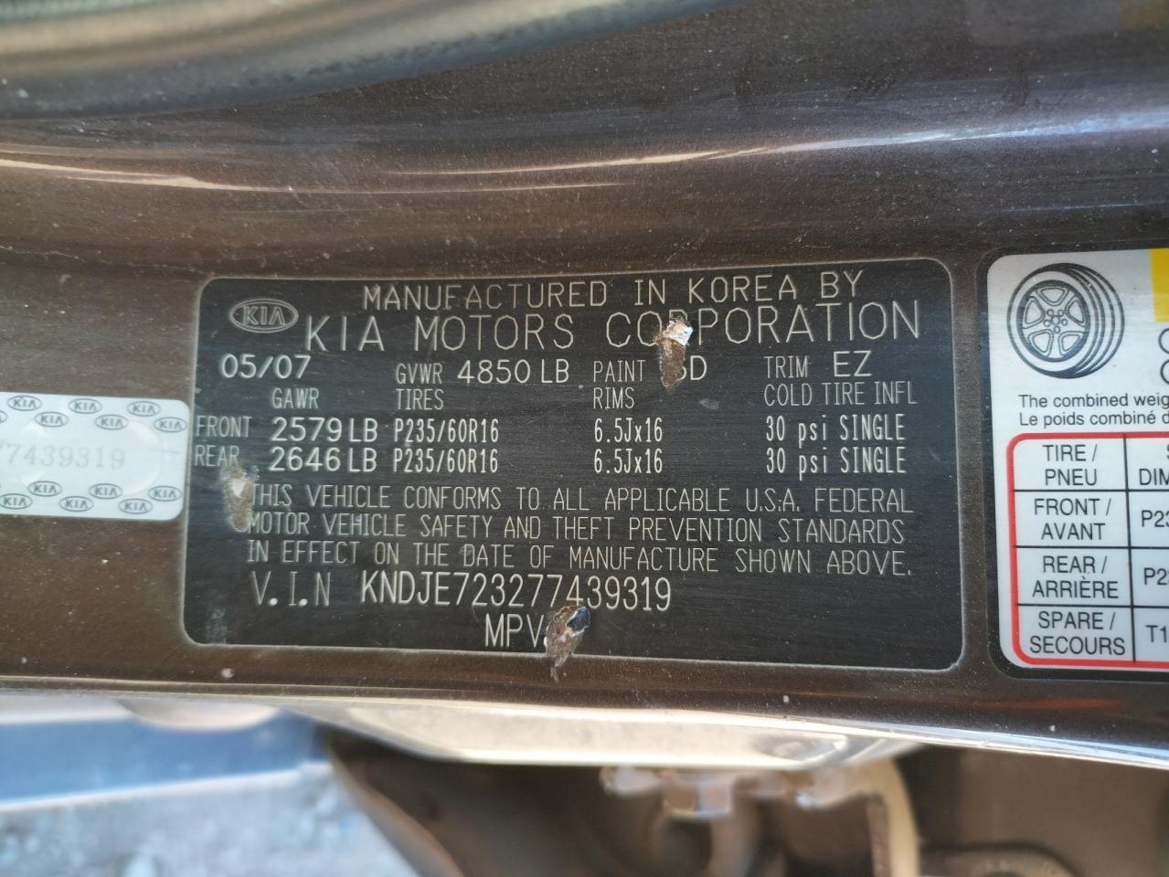 Photo 10 from auction – 2007 KIA SPORTAGE E with VIN KNDJE723277439319