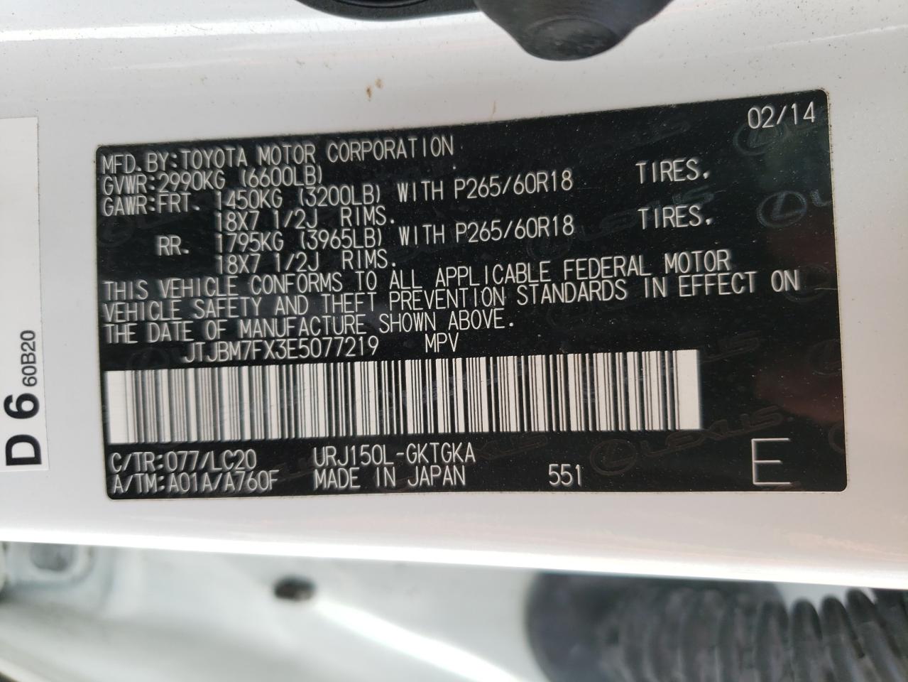 Photo 10 from auction – 2014 LEXUS GX 460 with VIN JTJBM7FX3E5077219