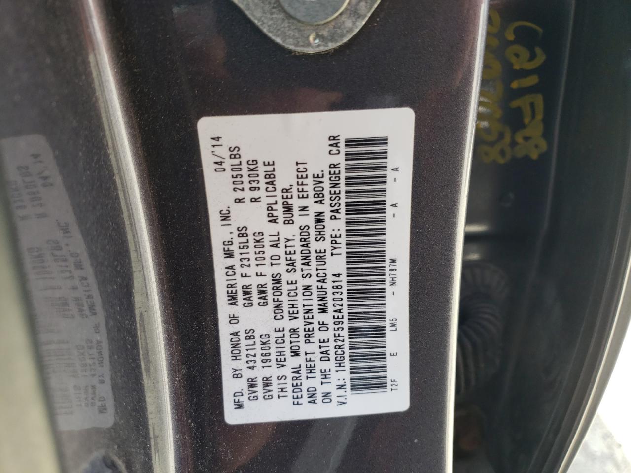 Photo 10 from auction – 2014 HONDA ACCORD SPO with VIN 1HGCR2F59EA203814