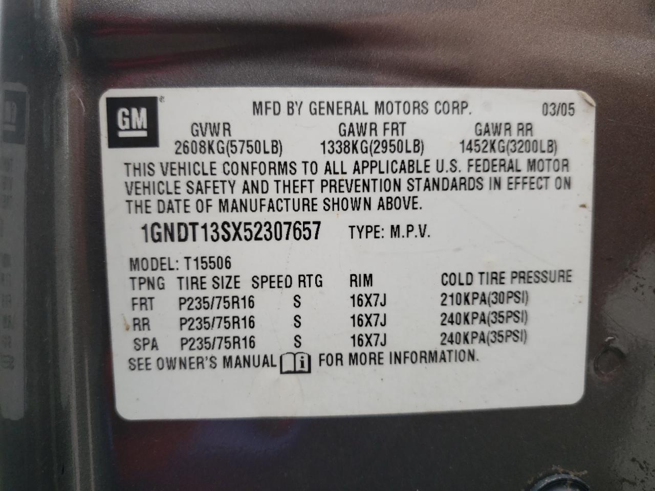 Photo 10 from auction – 2005 CHEVROLET TRAILBLAZE with VIN 1GNDT13SX52307657