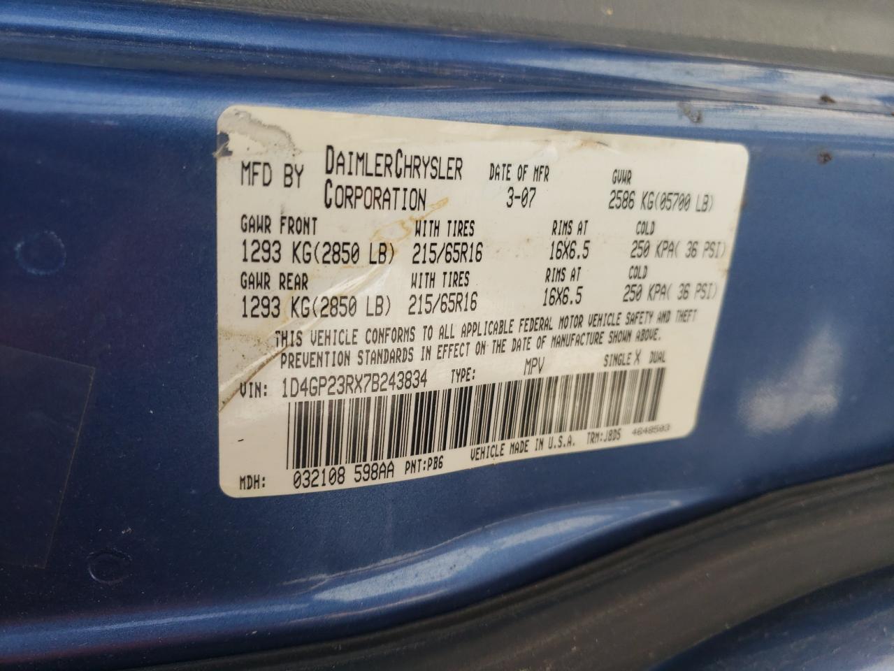 Photo 10 from auction – 2007 DODGE GRAND CARA with VIN 1D4GP23RX7B243834