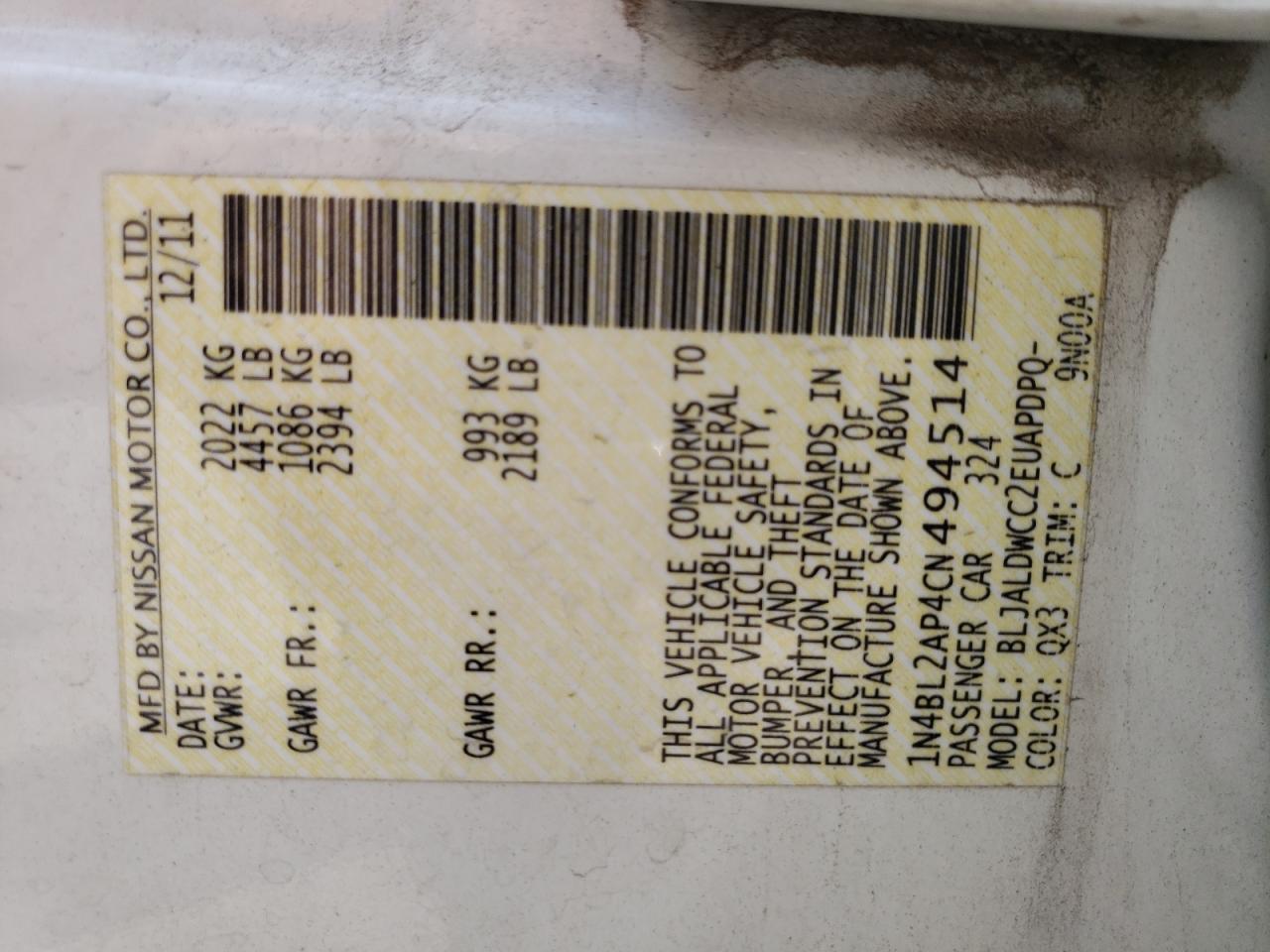 Photo 10 from auction – 2012 NISSAN ALTIMA SR with VIN 1N4BL2AP4CN494514
