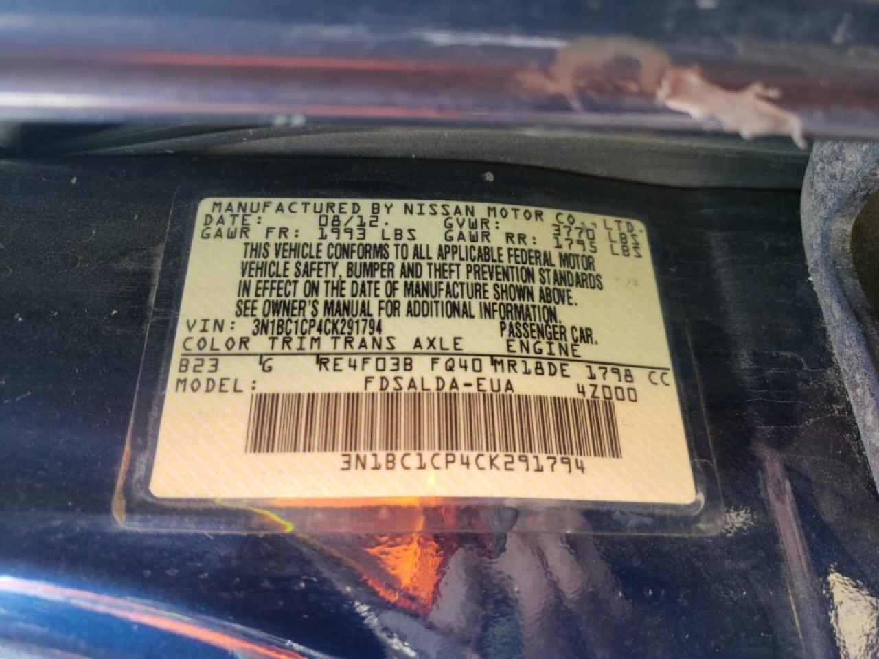 Photo 10 from auction – 2012 NISSAN VERSA S with VIN 3N1BC1CP4CK291794