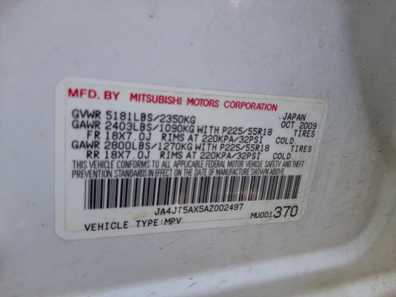Photo 10 from auction – 2010 MITSUBISHI OUTLANDER with VIN JA4JT5AX5AZ002497