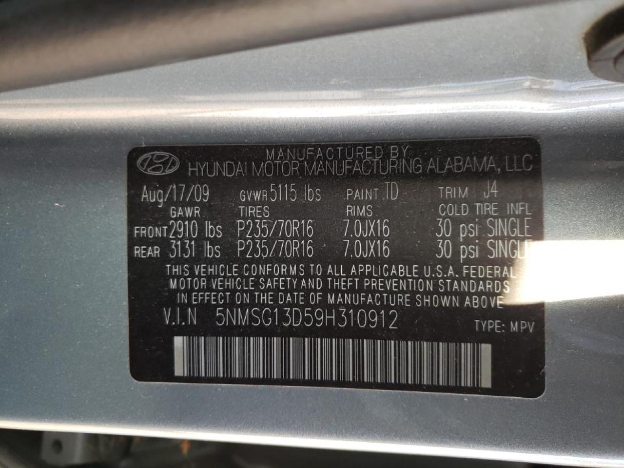 Photo 10 from auction – 2009 HYUNDAI SANTA FE G with VIN 5NMSG13D59H310912