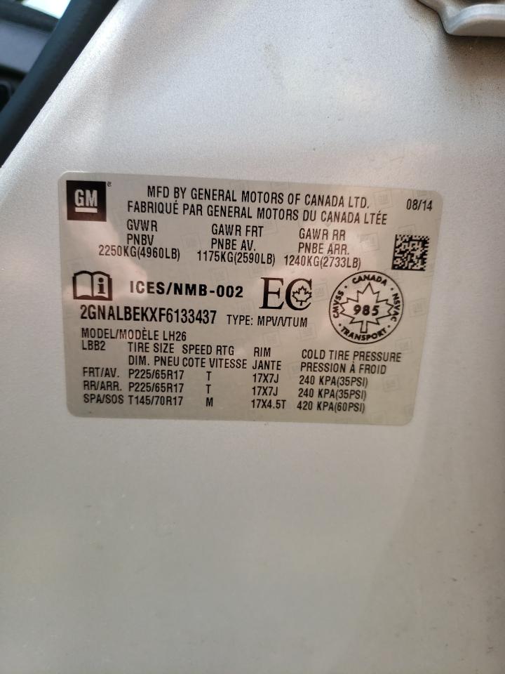 Photo 10 from auction – 2015 CHEVROLET EQUINOX LT with VIN 2GNALBEKXF6133437