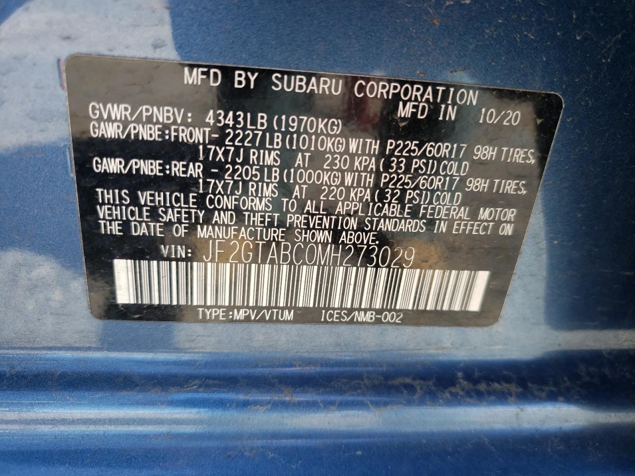 Photo 11 from auction – 2021 SUBARU CROSSTREK with VIN JF2GTABC0MH273029
