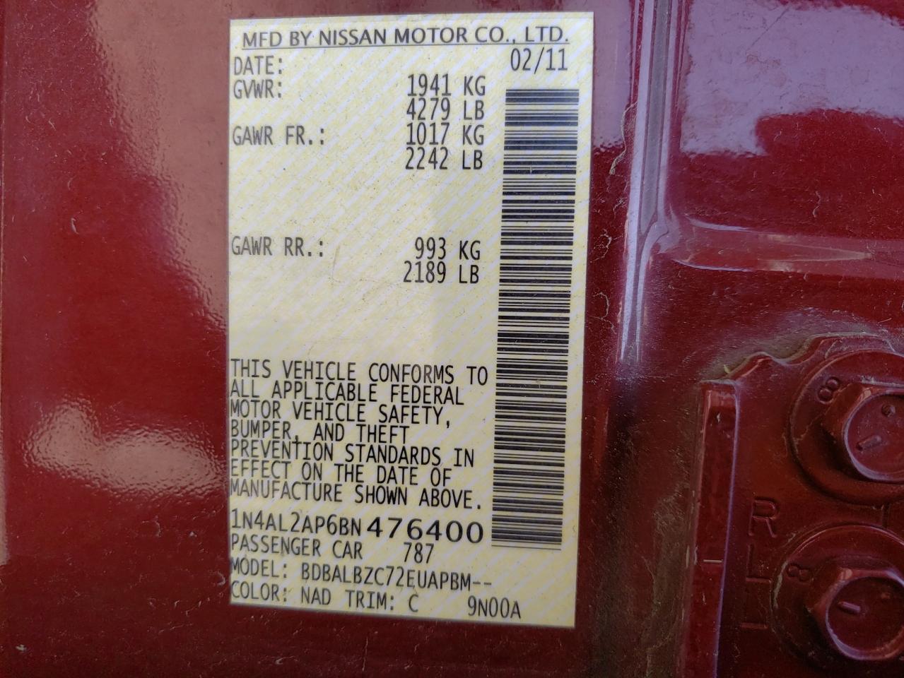 Photo 10 from auction – 2011 NISSAN ALTIMA BAS with VIN 1N4AL2AP6BN476400