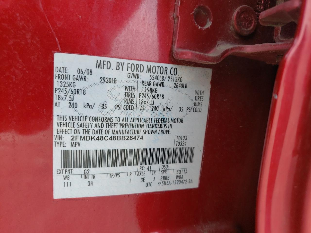 Photo 10 from auction – 2008 FORD EDGE SEL with VIN 2FMDK48C48BB28474