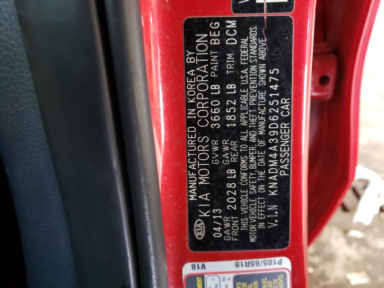 Photo 10 from auction – 2013 KIA RIO LX with VIN KNADM4A39D6251475
