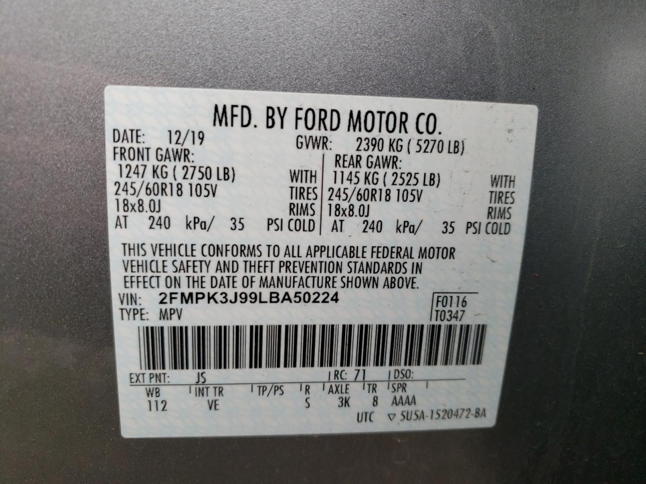 Photo 10 from auction – 2020 FORD EDGE SEL with VIN 2FMPK3J99LBA50224