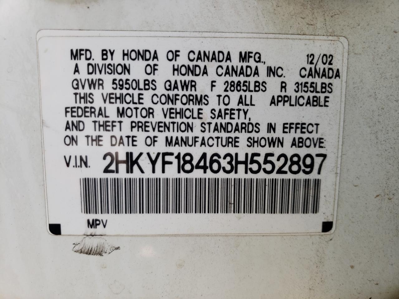 Photo 10 from auction – 2003 HONDA PILOT EX with VIN 2HKYF18463H552897