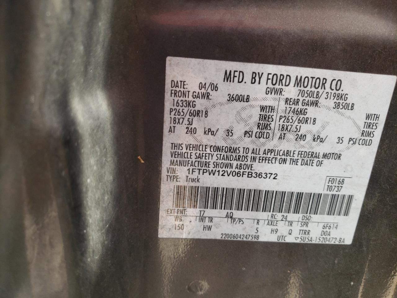 Photo 10 from auction – 2006 FORD F150 SUPER with VIN 1FTPW12V06FB36372