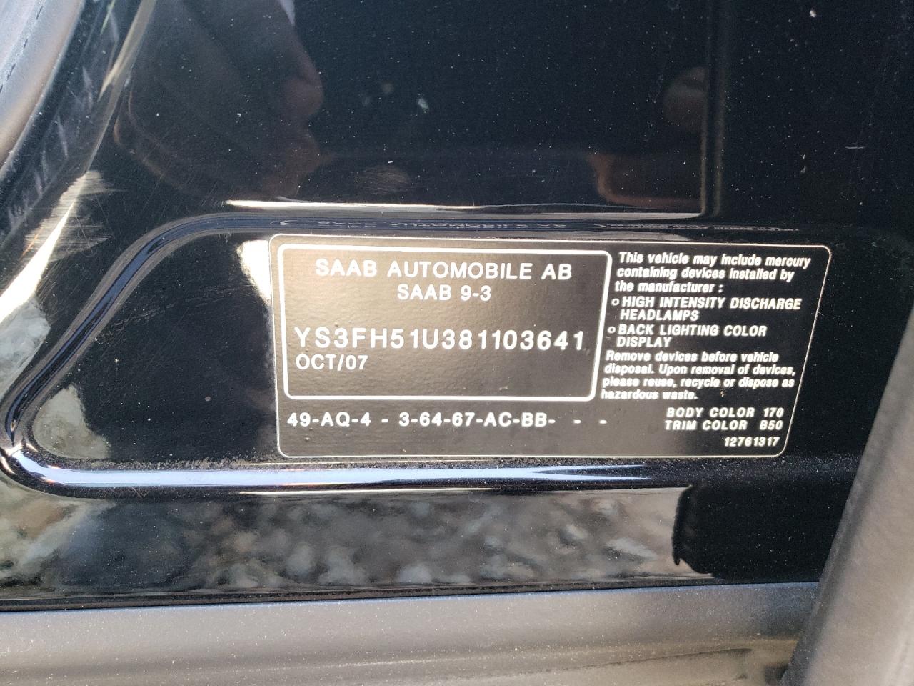 Photo 10 from auction – 2008 SAAB 9-3 AERO with VIN YS3FH51U381103641