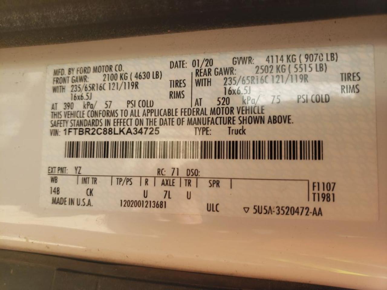 Photo 10 from auction – 2020 FORD TRANSIT T- with VIN 1FTBR2C88LKA34725