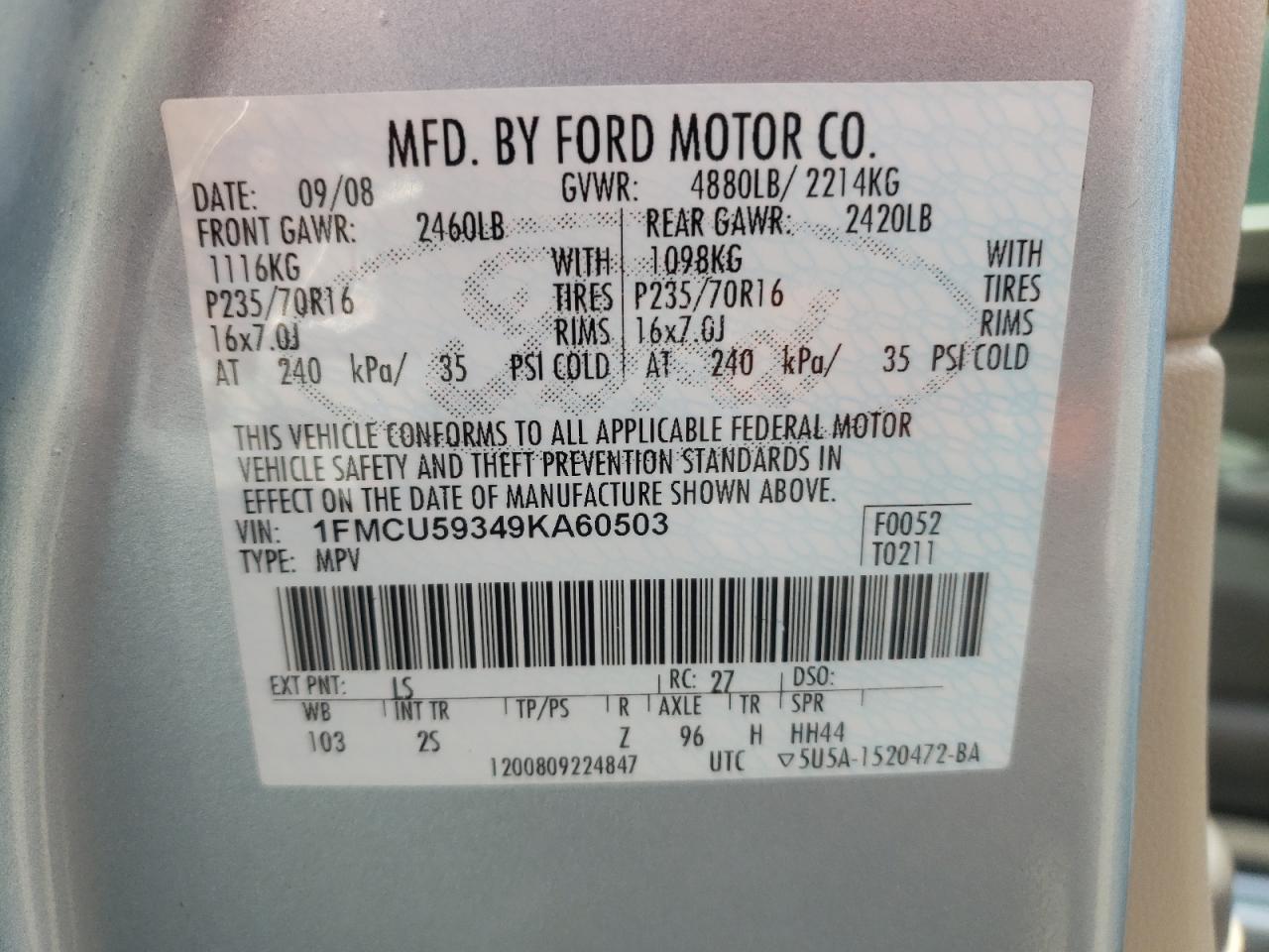 Photo 10 from auction – 2009 FORD ESCAPE HYB with VIN 1FMCU59349KA60503