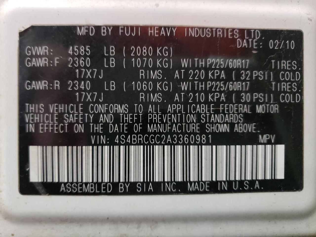 Photo 10 from auction – 2010 SUBARU OUTBACK 2. with VIN 4S4BRCGC2A3360981