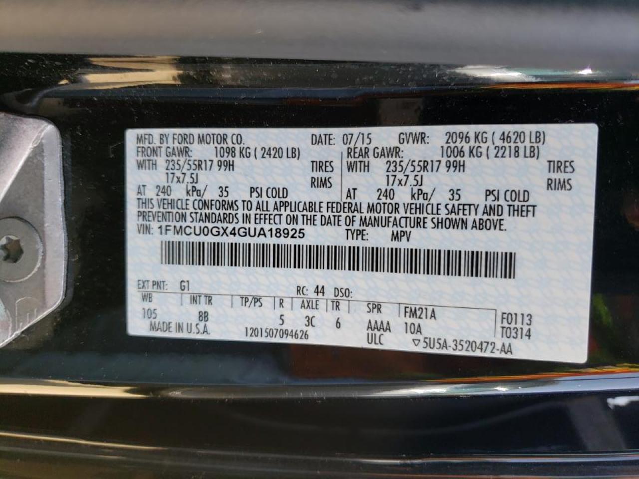 Photo 10 from auction – 2016 FORD ESCAPE SE with VIN 1FMCU0GX4GUA18925