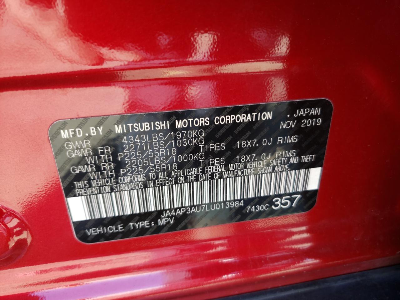 Photo 10 from auction – 2020 MITSUBISHI OUTLANDER with VIN JA4AP3AU7LU013984
