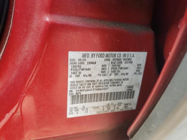 Photo 10 from auction – 2001 FORD ESCAPE XLT with VIN 1FMYU04171KB63207
