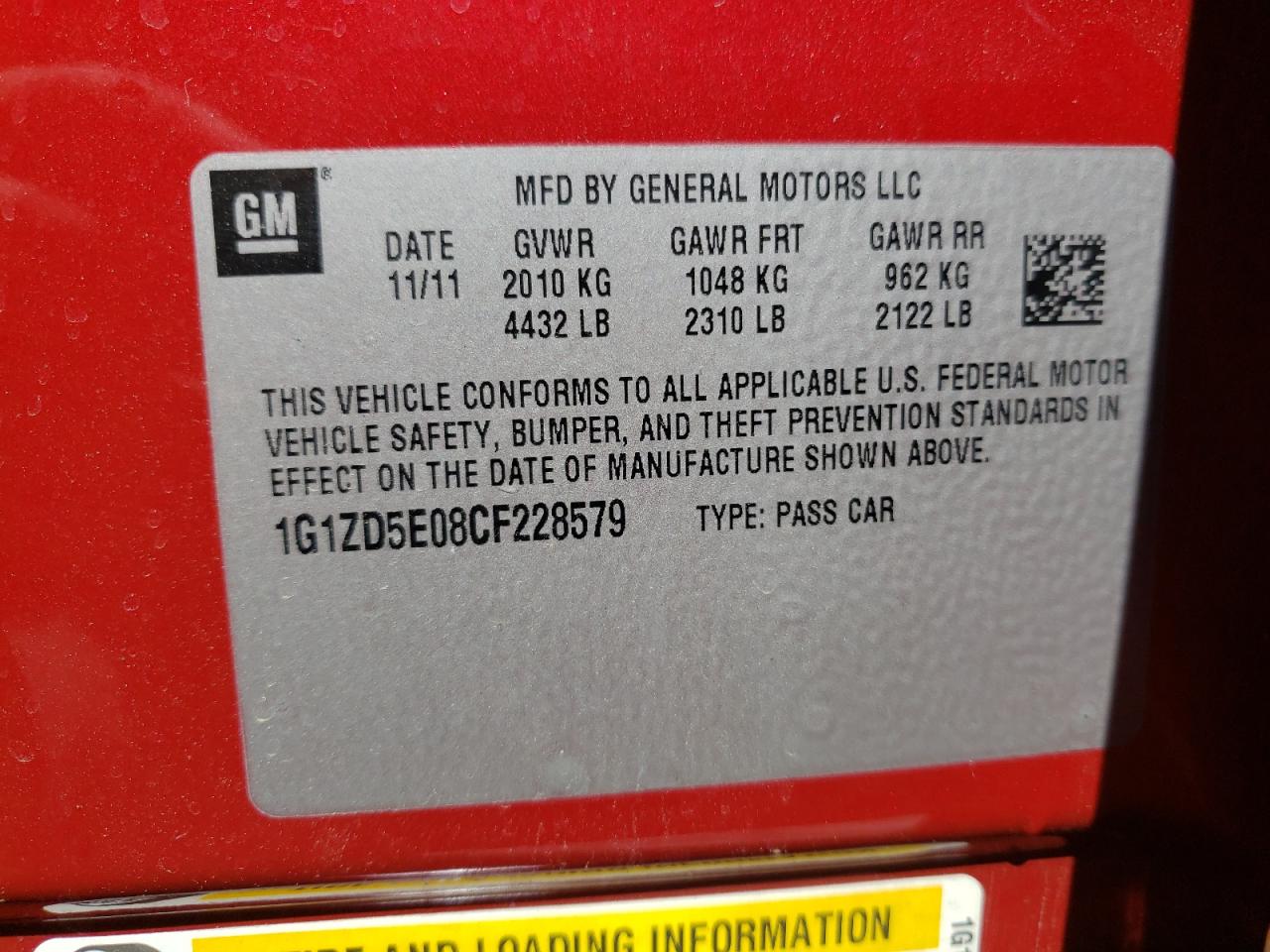 Photo 10 from auction – 2012 CHEVROLET MALIBU 2LT with VIN 1G1ZD5E08CF228579