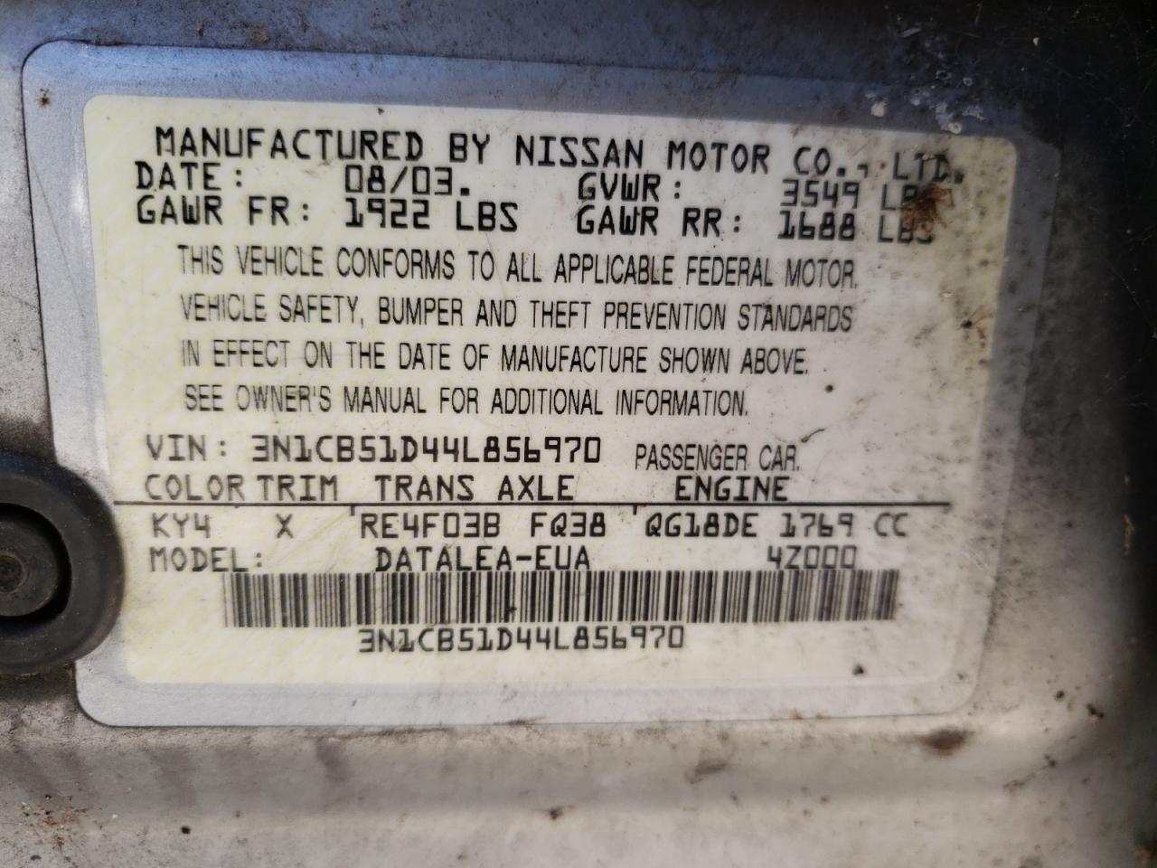 Photo 10 from auction – 2004 NISSAN SENTRA 1.8 with VIN 3N1CB51D44L856970