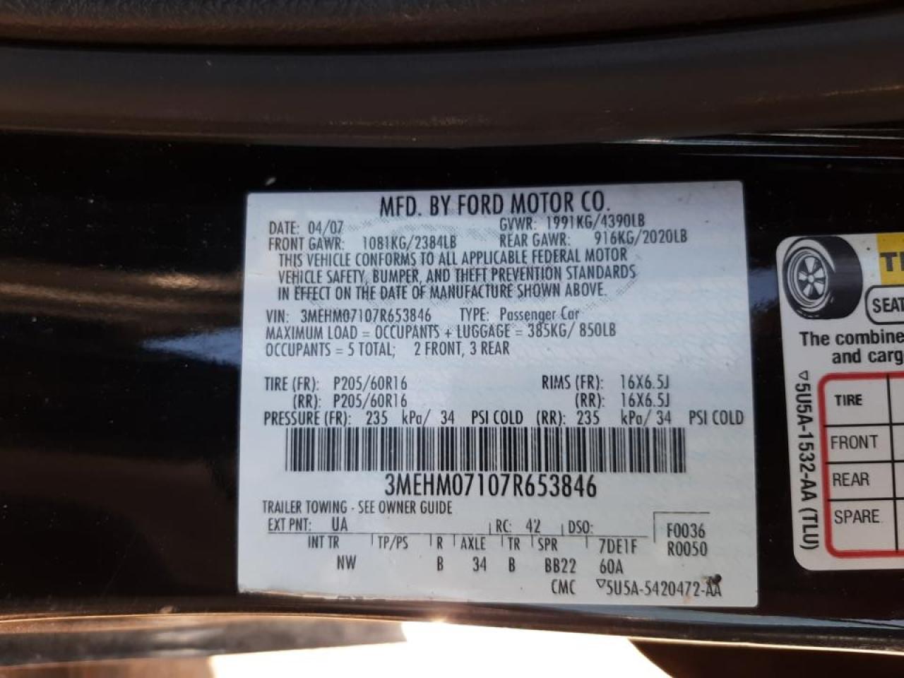 Photo 10 from auction – 2007 MERCURY MILAN with VIN 3MEHM07107R653846