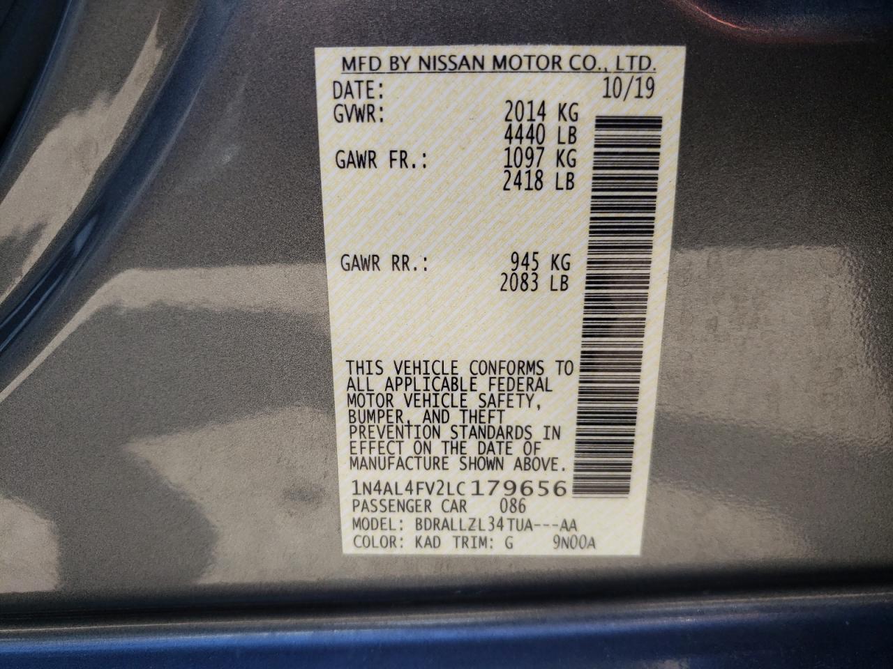 Photo 10 from auction – 2020 NISSAN ALTIMA PLA with VIN 1N4AL4FV2LC179656