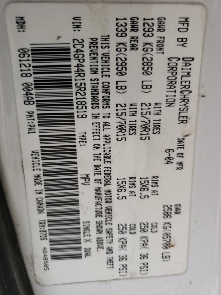 Photo 10 from auction – 2005 CHRYSLER TOWN AND C with VIN 2C4GP44R15R218519