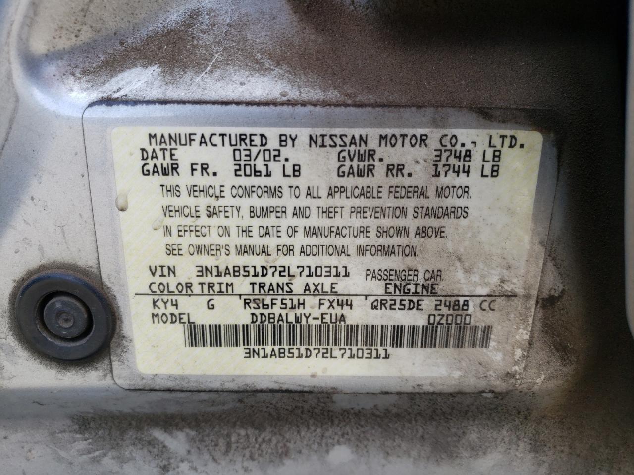 Photo 10 from auction – 2002 NISSAN SENTRA SE- with VIN 3N1AB51D72L710311