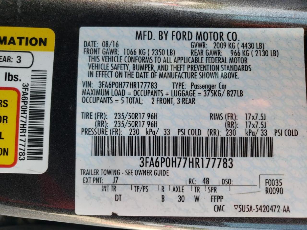 Photo 10 from auction – 2017 FORD FUSION SE with VIN 3FA6P0H77HR177783