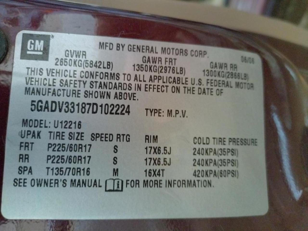 Photo 10 from auction – 2007 BUICK TERRAZA with VIN 5GADV33187D102224