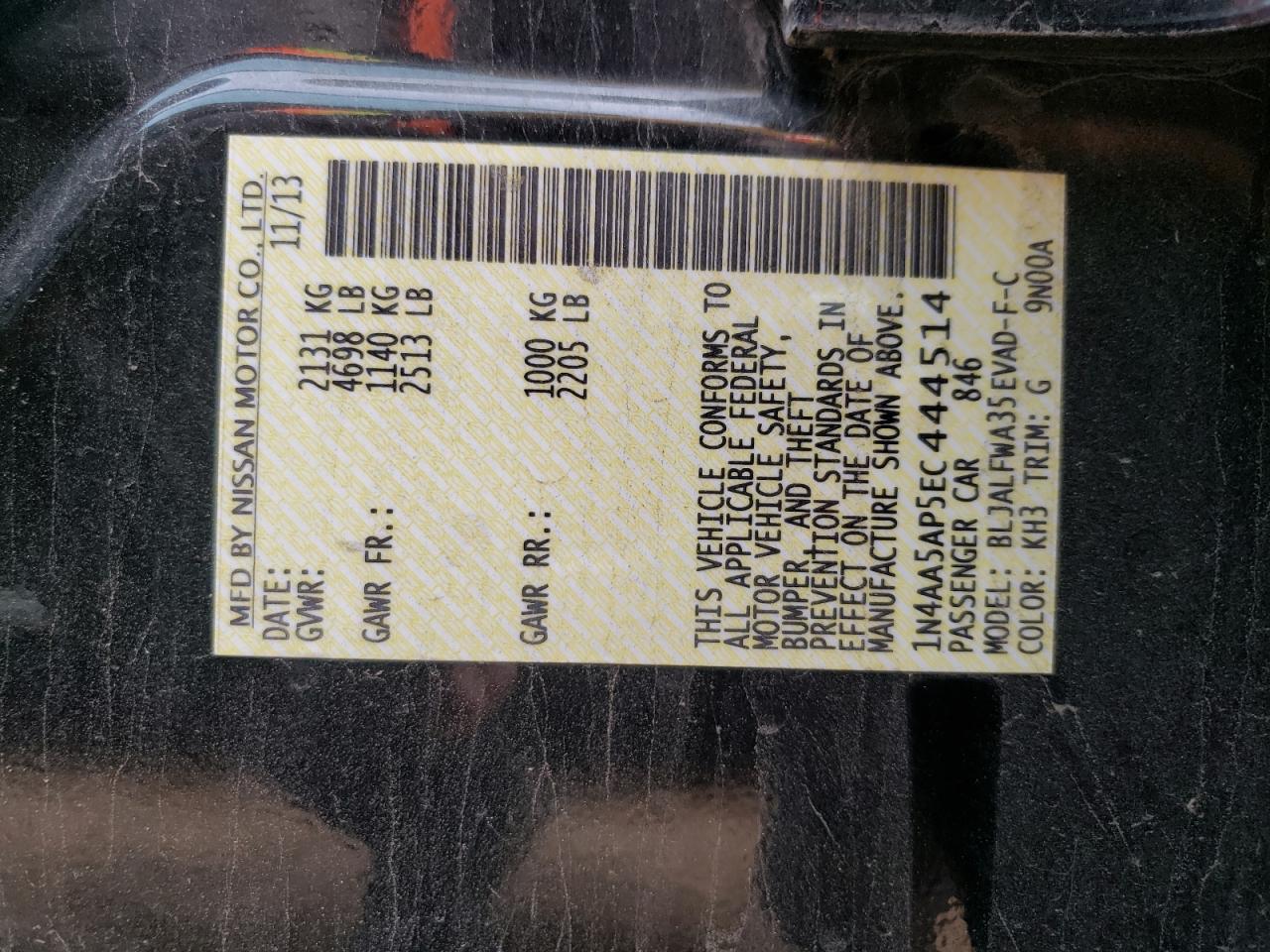 Photo 10 from auction – 2014 NISSAN MAXIMA S with VIN 1N4AA5AP5EC444514